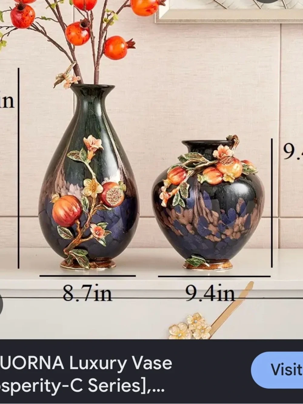 FABUORNA Luxury Vase Decorative Hand-Painted Pomegranate Accents